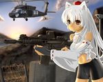  aircraft alternate_hairstyle animal_ears assault_rifle barbed_wire bike_shorts crop_top detached_sleeves eotech fingerless_gloves gloves gun hat helicopter inubashiri_momiji long_hair m4_carbine midriff navel red_eyes rifle shirt solo tail taut_clothes taut_shirt tokin_hat touhou u.s.m.c uh-60_blackhawk weapon white_hair wolf_ears wolf_tail 