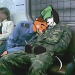 1:1 anthro bird_dog bobtail_cat canid canine canis clothing cory_(shrederr_8) domestic_cat domestic_dog english_pointer felid feline felis flat_colors green_clothing green_hat green_headwear green_uniform hat headgear headwear hi_res humor hunting_dog male male/male mammal orange_body rotoscoping shaded shrederr_8 sitting sketchy_(shrederr_8) sleeping sleeping_together smile smiling_at_another smiling_at_partner tail uniform white_body