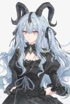  1girl absurdres arknights ave_mujica_(bang_dream!) bang_dream! bang_dream!_it's_mygo!!!!! black_dress black_gloves black_ribbon blue_hair brooch center-flap_bangs chinese_commentary commentary cross-laced_clothes cross-laced_dress diffraction_spikes dress expressionless gloves grey_background hair_ribbon highres horns jewelry juliet_sleeves long_sleeves looking_at_viewer puffy_sleeves ribbon simple_background solo three-quarter_sleeves togawa_sakiko upper_body xuan_xuan_xuan_za yellow_eyes 