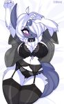 absol anthro bed black_bra black_clothing black_panties black_underwear blush bow_panties bow_underwear bra butt butt_from_the_front clothing collar female furniture garter_belt garter_straps generation_3_pokemon hi_res legwear lingerie looking_at_viewer lying lying_on_bed miikotorii nintendo on_back on_bed panties pokemon pokemon_(species) solo stockings translucent_shawl underwear