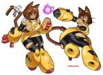 2026 absurd_res anthro arm_cannon armwear bandage bandaged_tail big_breasts black_clothing black_skinsuit bottomwear breasts brown_body brown_eyebrows brown_fur brown_hair brown_tail cleavage_cutout clothing cutout domestic_cat eating eyebrows eyewear felid feline felis female female_anthro food fur gameoverse glistening glistening_breasts glitch_productions goggles hair hi_res hot_dog ishiexe kit_bodega leggings legwear machine mammal ranged_weapon robot side_boob simple_background skinsuit solo tail thick_thighs tight_clothing torn_bottomwear torn_clothing torn_leggings torn_legwear weapon weapon_arm whiskers yellow_clothing