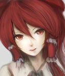  alternate_eye_color alternate_hair_color bad_id bad_pixiv_id bow hair_ornament hakurei_reimu lips looking_at_viewer moekyon pale_skin parted_lips red_eyes red_hair smile solo touhou 