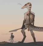 absurd_res anthro arm_tuft athletic athletic_male backsack balls barely_visible_genitalia barely_visible_penis bottomwear brown_spots brown_stripes bulge bullchicken cart casual_nudity claws clothed clothed_male clothing colored dialogue digital_drawing_(artwork) digital_media_(artwork) digitigrade dinosaur dromaeosaurid duo elbow_tuft english_text eyes_closed feather_hair feather_tuft feathers fin flaccid foreskin genitals grey_body grey_skin hi_res holding_melee_weapon holding_object holding_sword holding_weapon jewelry loincloth long_tail looking_at_another male markings melee_weapon nude nude_male open_mouth orange_eyes outdoor_nudity outside penis poncho prehistoric_species pseudo_hair reptile saggy_balls sail_(anatomy) saurischian scalie simple_background size_difference sketch sky smile snout spinosaurid spinosaurus spots standing striped_markings striped_tail stripes sword tail tail_markings tan_balls tan_body tan_skin text theropod toe_claws tuft uneven_balls vase velociraptor weapon