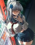  1girl black_thighhighs blue_skirt blunt_bangs breasts closed_mouth collarbone commentary_request cropped_shirt from_above girls'_frontline girls'_frontline_2:_exilium glasses hair_ornament high_ponytail highres hk416_(girls'_frontline) klukai_(girls'_frontline_2) large_breasts long_hair looking_at_viewer neckerchief persocon93 ponytail red_neckerchief sailor_collar school_uniform shaded_face sidelocks skirt solo thighhighs vending_machine white_hair yellow_eyes 