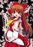  brown_hair detached_sleeves gohei hair_ribbon hakurei_reimu leaf long_hair red_eyes ribbon sarashi shinonome_ryuu smile solo touhou 