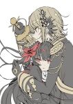  2girls absurdres armband black_capelet black_coat black_gloves black_hair black_shirt blonde_hair capelet coat crown curtained_hair diamond_hair_ornament epaulettes flower gloves hair_flower hair_ornament hasumi_leia highres holding holding_sword holding_weapon hug long_hair long_sleeves mahou_shoujo_no_majo_saiban multiple_girls nikaido_hiro parted_bangs rapier red_armband red_eyes sash shirt short_hair shoulder_sash side_capelet simple_background souya_(phi6os) sword weapon white_background white_gloves yellow_eyes yuri 