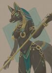 2026 5_fingers anthro anubian_jackal anubis biped black_body black_breasts black_fur black_sclera blue_eyes breasts canid canine canis colored_nails covered_nipples crossgender dated deity digital_drawing_(artwork) digital_media_(artwork) ear_piercing egyptian_mythology female female_anthro fingernails fingers fluffy fluffy_tail fur grey_background hi_res holding_object holding_staff iimia jackal japanese_description jewelry looking_at_viewer mammal middle_eastern_mythology mtf_crossgender mythology nails navel necklace partially_clothed_anthro partially_clothed_female piercing portrait pupils signature simple_background smile smiling_at_viewer snout solo staff tail teeth_showing three-quarter_portrait three-quarter_view yellow_fingernails yellow_nails yellow_pupils