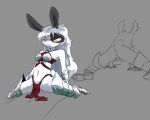 5:4 absurd_res anthro armor bare_shoulders beatrice_(hazposs) bottomwear clothed clothing disembodied_penis duo female fur gauntlets genitals gloves grey_hair hair handwear hazposs hi_res lagomorph leporid loincloth male male/female mammal midriff navel offscreen_male on_bottom on_top penis plate_armor rabbit reverse_cowgirl_position sex sketch skimpy unconvincing_armor undressing_between_scenes white_body white_fur yellow_eyes