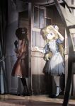  2girls apron black_shoes blonde_hair blue_eyes blurry blurry_foreground bow chair commentary_request dress emilico_(shadows_house) flower hair_bow hair_flower hair_ornament highres indoors kate_(shadows_house) kuthi0510 living_doll_uniform long_hair multiple_girls red_dress rose shadow_(shadows_house) shadows_house shoes socks two_side_up white_apron 