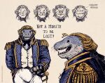 accessory analog_watch anthro aquatic artist_name black_necktie blonde_hair bottomwear clock clothing english_description english_text epaulet facial_scar hair hi_res holding_object holding_pocketwatch jack_aubrey jacket leona-florianova leopard_seal male mammal master_and_commander:_the_far_side_of_the_world melee_weapon military_uniform multiple_angles navy_uniform necktie pants pinniped pocketwatch rococo_clothing royal_navy_(uk) scar seal sharp_teeth shirt simple_background smile solo sword tan_background teeth text topwear uniform vest watch weapon