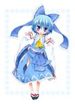  bad_id bad_pixiv_id blue_eyes blue_hair bow cirno clog_sandals cosplay detached_sleeves hair_bow hakurei_reimu hakurei_reimu_(cosplay) hands_on_hips highres jigatei_(omijin) leaning navel short_hair solo touhou 