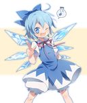  ;d bad_id bad_pixiv_id bloomers blue_dress blue_eyes blue_hair blush bow cirno dress fang hair_bow kitsuta musical_note one_eye_closed open_mouth short_hair smile solo standing touhou underwear wings 
