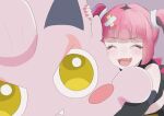  1girl :d black_shirt blunt_bangs closed_eyes commentary_request coral_(pokemon) detached_sleeves fang g.e.r. grey_background hair_ornament highres nail_polish open_mouth pink_hair pink_nails pokemon pokemon_(anime) pokemon_(creature) pokemon_horizons scream_tail shirt sleeveless sleeveless_shirt smile twintails 