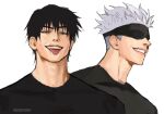  2boys :p artist_name black_hair black_shirt blindfold choppy_bangs english_commentary facing_away facing_viewer furrowed_brow fushiguro_toji gojo_satoru grey_eyes highres jujutsu_kaisen lips multiple_boys muscular muscular_male raised_eyebrow scar_on_lip shirt simple_background smile taut_clothes taut_shirt teeth thatsallitchief tongue tongue_out upper_body white_background white_hair 