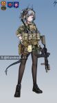  1girl arknights artist_name assault_rifle black_boots black_pantyhose blue_background boots brown_gloves bulletproof_vest camouflage chest_rig closed_mouth earmuffs full_body gloves gradient_background gun handgun highres holding holding_gun holding_weapon horns kuroinu9 liskarm_(arknights) looking_at_viewer m1911 m4_carbine magazine_(weapon) military_combat_uniform military_uniform pantyhose ponytail rifle short_hair short_ponytail shorts simple_background solo standing tactical_gloves tail trigger_discipline twitter_username unworn_gloves weapon white_hair 