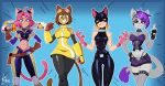 2026 absurd_res animal_humanoid anthro armor batman_(series) belt blade_kitten bottomwear breasts brown_eyebrows brown_hair brown_tail cat_humanoid cleavage clothed clothing dc_comics domestic_cat eyebrow_through_hair eyebrows eyewear felid felid_humanoid feline feline_humanoid felis female female_anthro fingerless_gloves gameoverse gauntlets gesture glitch_productions gloves goggles group hair hand_gesture handwear hi_res hotpants humanoid inner_ear_fluff jrvanesbroek kit_bodega kit_kat_(housebroken) kitrina_falcone knee_pads krome_studios mammal mammal_humanoid mask melee_weapon middle_finger pink_hair purple_hair shorts skinsuit spiked_belt spikes sword tail tight_clothing translucent translucent_hair tuft weapon whiskers