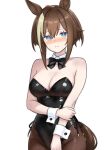  1girl animal_ears black_bow black_bowtie black_leotard black_pantyhose blue_eyes blush bow bowtie breasts brown_hair brown_tail cheval_grand_(umamusume) cleavage closed_mouth commentary_request detached_collar hair_between_eyes hand_on_own_arm horse_ears horse_girl large_breasts leotard looking_at_viewer multicolored_hair nanasedayoxd nontraditional_playboy_bunny pantyhose short_hair short_hair_with_long_locks side-tie_leotard sidelocks simple_background solo strapless strapless_leotard streaked_hair umamusume white_background white_streaks white_wrist_cuffs wrist_cuffs 