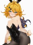  1girl alt_text antenna_hair bare_arms bare_shoulders black_leotard black_nails blonde_hair blue_eyes blush breasts breath commentary cowboy_shot doki_amber_doge_(dokibird) dokibird dokibird_(bounty_hunter) dragoon_(dokibird) english_commentary feather_hair flipped_hair grey_pantyhose grin hair_ornament highres indie_virtual_youtuber leotard looking_at_viewer oversized_breast_cup pantyhose pin playboy_bunny rieko_(kuusairieko) short_hair simple_background small_breasts smile solo strapless strapless_leotard sweat torn_clothes torn_pantyhose tsurime virtual_youtuber white_background x_hair_ornament 