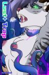 anthro aroused blue_hair bodily_fluids breasts charr cover cover_art cover_page domestic_cat drooling fangs felid feline felis female fur green_eyes grey_body grey_fur guild_wars hair heat_(temperature) hi_res horn kyu-maru mammal mimic nipples open_mouth restrained restrained_by_tentacles saliva sex solo teeth tentacle_sex tentacles white_body white_fur