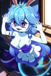 2022 absurd_res anthro aonoexorcist100 arms_bent bangs big_breasts blue_body blue_clothing blue_dress blue_fur blue_hair blue_tongue blush blush_lines breasts chest_tuft cleavage clothed clothed_anthro clothed_female clothing colored colored_nails crossover digital_drawing_(artwork) digital_media_(artwork) dress english_description eyebrow_through_hair eyebrows eyelashes eyelashes_through_hair fangs female female_anthro fingernails fluffy fluffy_breasts fur furrowed_eyebrows ghost ghost_tail hair hi_res humanoid_hands hybrid inside lagomorph legless lidded_eyes light lighting lipstick long_ears long_hair looking_at_viewer makeup mammal mario_bros mario_plus_rabbids_sparks_of_hope midnite_(mario_plus_rabbids) multicolored_clothing multicolored_dress multicolored_hair nails nintendo open_mouth open_smile pupils purple_eyelids purple_eyes purple_fingernails purple_lipstick purple_nails rabbid raving_rabbids rayman_(series) shaded small_nose smile smiling_at_viewer solo spark_hunter spirit stairs sunlight tan_inner_ear teeth tongue translucent translucent_body translucent_hair tuft ubisoft white_pupils window