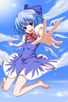  :d barefoot blue_dress blue_eyes blue_hair bow cirno dress flying hair_bow hands open_mouth outstretched_hand short_hair smile solo touhou tsukikase wings 