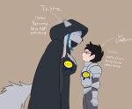 absurd_res anthro armor black_hair blue_hair blush blush_lines bodily_fluids breasts canid canine canis chudjak clothing directional_arrow duo ears_up eye_contact eyewear female female_anthro fur gauntlets glasses gloves gorgonwriting grey_body grey_fur grey_hair hair handwear hi_res human human_on_anthro interspecies looking_at_another male male_human mammal meme robe sweat sweatdrop tail text wearing_glasses wolf