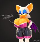 absurd_res anthro armor bat bat_wings big_breasts big_ears black_clothing black_eyes black_skinsuit blue_eyeshadow breastplate breasts cleavage cleavage_overflow clothed clothing countershading english_text eyelashes eyeshadow fangs female fur glistening glistening_eyes green_eyes hair hi_res huge_breasts lips long_eyelashes makeup mammal membrane_(anatomy) membranous_wings narrowed_eyes pink_lips pupils purple_wings rouge_the_bat sega short_hair skinsuit sonic_the_hedgehog_(series) tahlian tan_body tan_countershading tan_inner_ear tan_skin teeth text thick_eyelashes thick_thighs thigh_gap tight_clothing white_body white_ears white_fur white_hair wide_hips wings