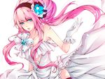  bad_id bad_pixiv_id blue_eyes colorized dress flower gloves hair_flower hair_ornament hairband highres long_hair megurine_luka natsuki0910 pink_hair simple_background solo vocaloid white_dress 