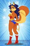 2026 anthro blue_hair boots breasts brown_eyes butt canid canine carmelita_fox clothing cosplay dc_comics dipstick_ears ear_markings ear_piercing ear_ring eyebrows eyelashes female footwear fox fur hair hand_on_hip high_heeled_boots high_heels lipstick makeup mammal markings metalpandora multicolored_ears orange_body orange_fur piercing ring_piercing shoes side_boob sly_cooper_(series) smile solo sony_corporation sony_interactive_entertainment sucker_punch_productions tan_body tan_fur wonder_woman