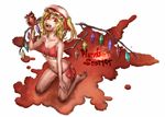  bikini blonde_hair blood character_name fangs fingernails flandre_scarlet hat heart_(organ) highres ichimi_tougarashi kneeling long_fingernails looking_at_viewer open_mouth pointy_ears ponytail red_bikini red_eyes short_hair side_ponytail solo swimsuit touhou wings 