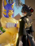 2026 3:4 3d_(artwork) aak_(arknights) absurd_res animal_crossing ankh_tattoo ankha_(animal_crossing) anthro arknights big_breasts black_hair blue_hair breasts clothed clothing collar digital_media_(artwork) domestic_cat duo felid feline felis female fur furry_ghosty hair hi_res holding_partner hypergryph lifted_by_hug male male/female mammal multicolored_body multicolored_fur multicolored_hair nintendo one-piece_swimsuit robe side_view skimpy sling_bikini standing studio_montagne swimwear two_tone_body two_tone_fur two_tone_hair yellow_body
