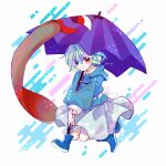  1girl alternate_costume blue_boots blue_eyes blue_hair blue_hoodie blue_skirt boots closed_mouth commentary_request full_body hair_between_eyes heterochromia highres holding holding_umbrella hood hoodie karakasa_obake katsuragi_atori long_sleeves looking_at_viewer medium_hair multiple_views purple_umbrella red_eyes skirt smile solo tatara_kogasa touhou twitter_username umbrella 