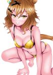  1girl absurdres ahoge animal_ears bare_shoulders bikini blush breasts brown_hair cleavage commentary_request grin hagesan3345 hair_between_eyes hair_ornament hairclip highres horse_ears horse_girl horse_tail jewelry jungle_pocket_(umamusume) looking_at_viewer medium_breasts medium_hair navel notched_ear open_mouth smile solo stomach swimsuit tail teeth umamusume yellow_bikini yellow_eyes 