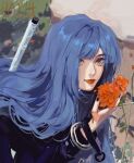  1girl black_dress black_nails blue_eyes blue_hair bracelet chinese_commentary commentary_request dress flower hanzhang0628 highres holding holding_flower jewelry latex latex_dress lipstick long_hair long_sleeves makeup original over_shoulder painting_(medium) procreate_(medium) red_lips release_date signature smile solo solo_focus sword sword_over_shoulder traditional_media tree very_long_hair watercolor_(medium) watercolor_background weapon weapon_over_shoulder wrist_belt 