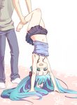  1girl aqua_eyes aqua_hair bad_id bad_pixiv_id barefoot child handstand hatsune_miku kata_(811505) long_hair midriff navel plantar_flexion skirt smile twintails upside-down very_long_hair vocaloid 