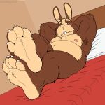 4_toes anthro armpit_hair bed blush body_hair brown_body brown_fur buckteeth facial_hair feet foot_focus fur furniture hands_behind_head lagomorph leporid looking_at_viewer lying lying_on_bed male mammal michelangeloaf multicolored_body multicolored_fur musclegut muscular muscular_male mustache nintendo nipples nude on_bed one_eye_closed pecs peppy_hare rabbit raised_arms red_eyes signature slightly_chubby slightly_chubby_male solo star_fox tan_body tan_fur teeth toes two_tone_body two_tone_fur