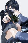  1girl black_choker black_hair black_mask black_shirt black_shoes blue_eyes blue_skirt choker commentary_request earrings grey_skirt gun handgun highres holding holding_weapon jewelry kanako_(kankoillust6699) looking_at_viewer mask mouth_mask necklace original ring shirt shoes short_hair simple_background skirt solo weapon white_background wolf_cut 