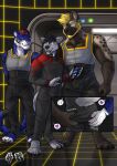 absurd_res anthro anthro_on_anthro beard black_bottomwear black_clothing black_hair black_nose black_pants black_topwear blonde_beard blonde_facial_hair blonde_hair blue_body blue_eyes blue_fur bottomwear brown_body brown_fur bulge butt butt_grab canid canine canis closed_smile clothed clothing ear_piercing ear_ring facial_hair facial_markings facial_spots felid fur green_eyes grey_body grey_clothing grey_fur grey_topwear group hair hand_on_butt head_markings hi_res hufnaar hyena long_hair male male/male mammal markings mouth_closed narrowed_eyes open_mouth pantherine pants piercing pink_nose purple_eyes red_hair ring_piercing short_hair smile spotted_arms spotted_face standing striped_arms striped_body striped_face striped_fur striped_markings striped_tail stripes tail tail_markings tan_body tan_fur tiger topwear trio white_body white_fur wolf