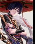 1boy black_bodysuit black_kimono black_shorts black_sleeves bodysuit closed_mouth crossed_arms furisode genshin_impact gold gold_trim hand_on_own_arm hat highres japanese_clothes jewelry jingasa juban kimono layered_sleeves lic_617 looking_at_viewer male_focus mandarin_collar mitsudomoe_(shape) neck_ring open_clothes open_kimono purple_eyes purple_hair purple_rope purple_sash purple_sleeves red_hat red_kimono red_sash rope sash scaramouche_(genshin_impact) shimenawa short_sleeves shorts single_sode smile solo tassel tomoe_(symbol) tsurime upper_body veil watercolor_effect white_background white_kimono white_rope white_veil 