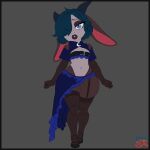 1:1 absurd_res alternative_fashion anthro armsleeves black_border border clothing crop_top dress eyeshadow fishnet_clothing frilly frilly_clothing frilly_dress garter_belt garter_straps goth hair_covering_one_eye hi_res horn kobold legwear lips lipstick long_ears makeup navel puppet scalie shirt swiftriff thick_lips thick_thighs thigh_highs topwear wide_hips