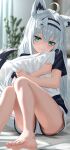  1girl absurdres ahoge animal_ear_fluff animal_ears barefoot black_shirt commentary double-parted_bangs english_commentary fang fox_ears fox_girl fox_tail green_eyes hair_between_eyes hairband highres hololive hugging_object indoors knees_up long_hair looking_at_viewer maverick_(mvk022) pentagram pillow pillow_hug shirakami_fubuki shirt short_shorts shorts sitting skin_fang solo t-shirt tail toes virtual_youtuber white_hair white_hairband white_shorts 