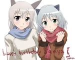  animal_ears bad_id bad_pixiv_id blonde_hair blue_eyes blush cat_ears coat eila_ilmatar_juutilainen fox_ears green_eyes happy_birthday long_hair multiple_girls sanya_v_litvyak scarf short_hair silver_hair smile strike_witches suzushiro_nazuna world_witches_series 