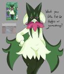 absurd_res anthro anthro_focus c0cobeanz felid feline female female_anthro fur generation_9_pokemon green_body green_fur hand_on_hip hi_res liko's_meowscarada looking_at_viewer mammal mask meme meowscarada nintendo pink_body pokemon pokemon_(species) smile smiling_at_viewer solo text thick_thighs wide_hips