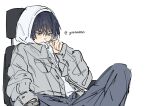  1boy alternate_costume arm_at_side black_hair bright_pupils casual chair commentary contemporary genshin_impact grey_eyes grey_jacket grey_pants grey_sleeves hand_up highres hood hood_up hooded_shirt jacket long_sleeves looking_to_the_side male_focus pants scaramouche_(genshin_impact) shirt sitting solo swivel_chair tsurime twitter_username undershirt watch white_background white_hood white_pupils white_shirt wispy_bangs wristwatch ysnden 