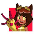 2018 4_fingers anthro bangs black_nose breasts brown_eyebrows brown_hair bust_portrait clothed clothed_anthro clothed_female clothing colored digital_drawing_(artwork) digital_media_(artwork) domestic_cat english_description eyebrow_through_hair eyebrows eyelashes eyelashes_through_hair eyewear eyewear_on_head fangs felid feline felis female female_anthro fingers gameoverse gesture glitch_productions gloves goggles goggles_on_head hair handwear hi_res inkarat_mittongtare kit_bodega light lighting looking_at_viewer mammal medium_breasts medium_hair open_mouth open_smile portrait pupils red_fingers red_mouth shaded simple_background slit_pupils smile smiling_at_viewer solo teeth topwear translucent translucent_hair vest waving waving_at_viewer whiskers white_background yellow_clothing yellow_eyes yellow_eyewear yellow_gloves yellow_goggles yellow_handwear yellow_topwear yellow_vest