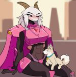 absurd_res anthro armor blush canid canine canis city collar domestic_dog duo ear_piercing ears_down eyebrows eyelashes female feral fur gorgonwriting hi_res horn looking_down male mammal outside piercing pivoted_ears red_eyes sitting sitting_on_another sky white_body white_fur