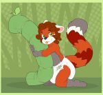 4_fingers 4_toes ailurid ambiguous_gender anthro bamboo black_nose border brown_hair bubblepuppers clean_diaper clothed clothing diaper diaper_only dipstick_tail dotted_background fangs feet fingers full-length_portrait fur gloves_(marking) green_background green_border grey_body grey_fur grey_tail grey_tail_tip hair heterochromia hi_res hug hugging_object hugging_plushie kneeling leg_markings mammal markings multicolored_body multicolored_fur nature_background orange_body orange_fur orange_tail pattern_background pink_inner_ear plushie portrait red_body red_fur red_panda red_tail ring_(marking) ringed_tail rolo_(redpandarolo) simple_background smile socks_(marking) solo striped_markings striped_tail stripes tail tail_markings teeth three-quarter_view toes tongue tongue_out topless wearing_diaper white_body white_diaper white_ears white_fur white_tail