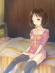  398_(ththei) bad_id bad_pixiv_id bed bedroom brown_eyes brown_hair dressing hirasawa_ui indoors k-on! mouth_hold one_eye_closed short_hair sitting solo thighhighs thighhighs_pull 