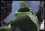 amphibian annoyed anthro big_breasts big_butt bodily_fluids breasts butt butt_shot duo female frog frog_(petruz) gastropod head_first hi_res kylebobby male male/female mollusk oral_vore saliva shaking slug stuck vore