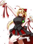  1girl ahoge armband asymmetrical_sleeves black_shirt blonde_hair blush boots breasts commentary_request fate/grand_order fate_(series) folding_fan green_eyes hair_intakes hairband hand_fan high_ponytail highres knee_boots large_breasts long_hair looking_at_viewer mcpc_zamurai nero_claudius_(fate) nero_claudius_(fgo_fes._2026)_(fate) one_eye_closed open_mouth ponytail ribbon shirt short_sleeves smile solo thighs white_boots 